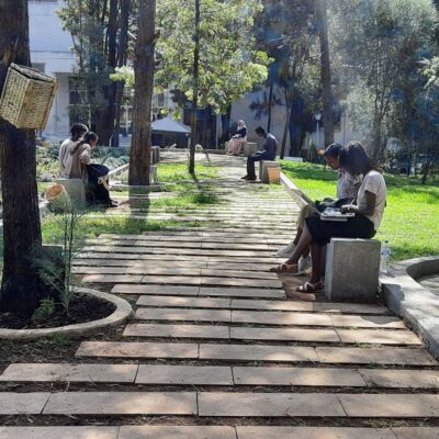 dappled sunlight in the Tsgedera Garden, Addis Ababa with 2 people sitting on a bench