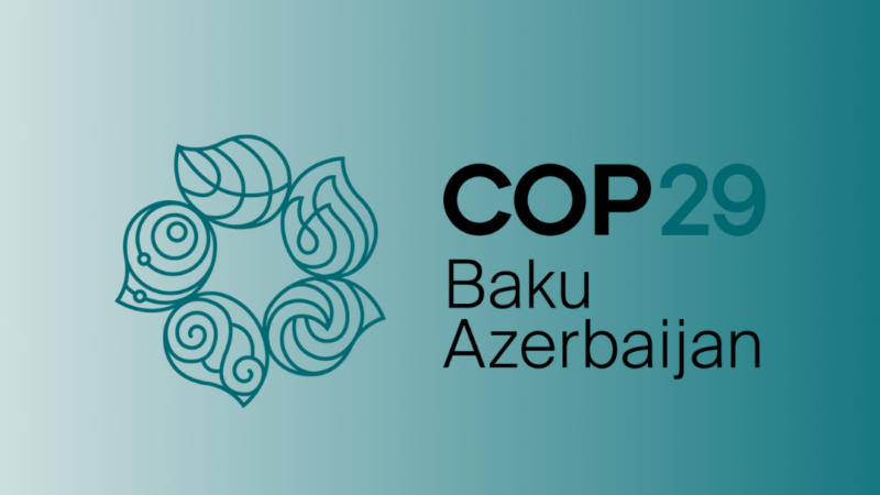 logo for COP29 Baku Azerbaijan on a teal background